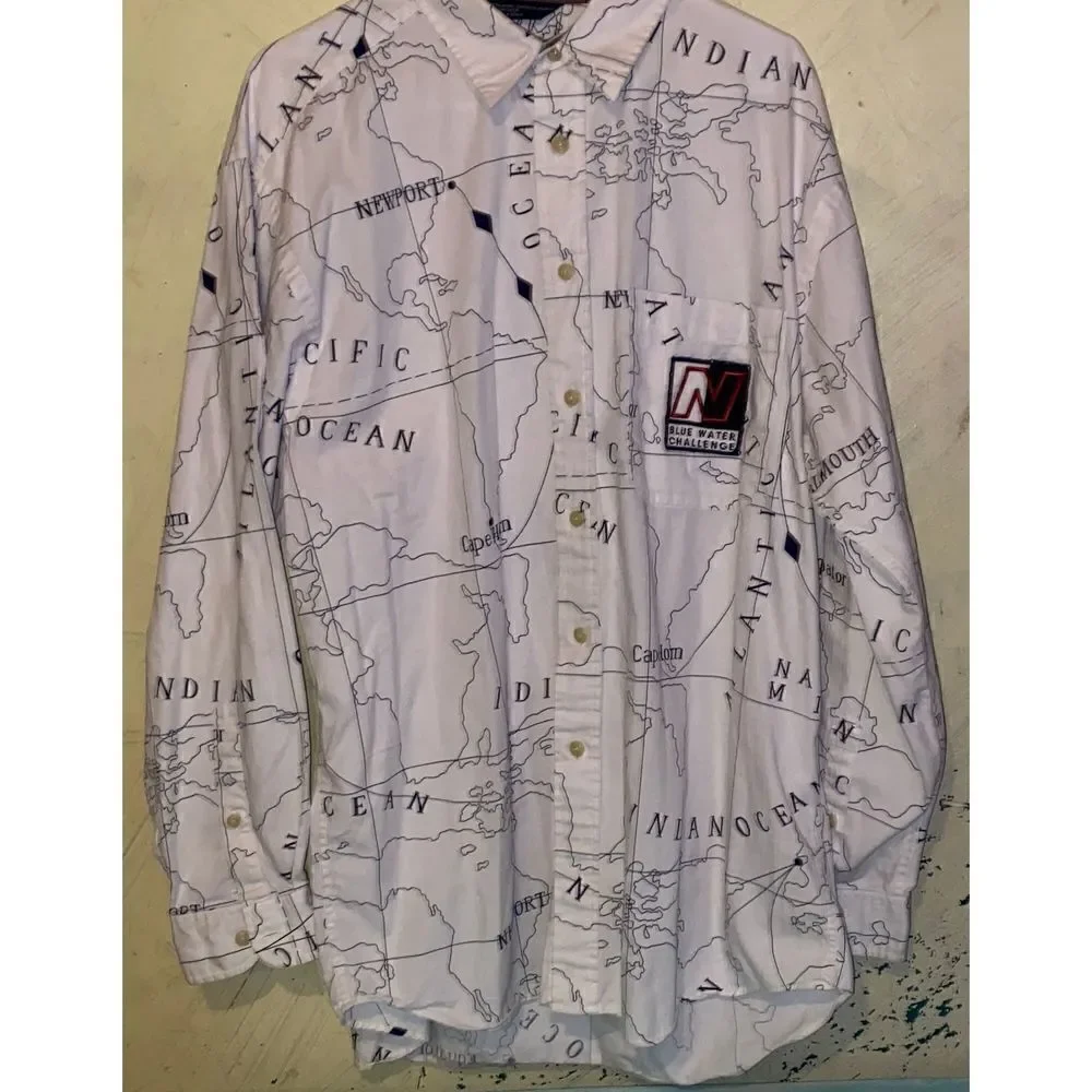 Vintage Nautica Blue water Challenge Ocean Map shirt sz Large Button up - Picture 2 of 10